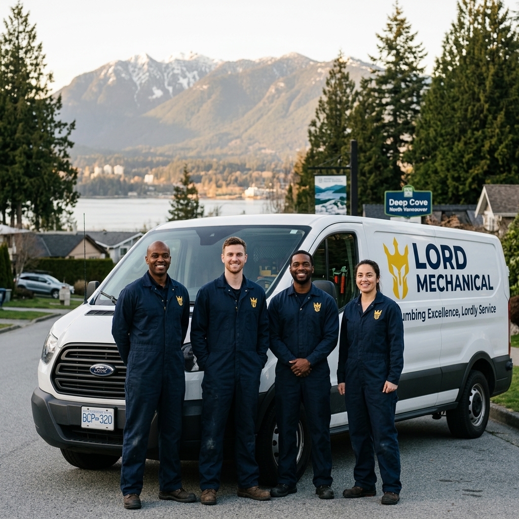 Lord Mechanical team standing in front of service van in North Vancouver with mountains in the background