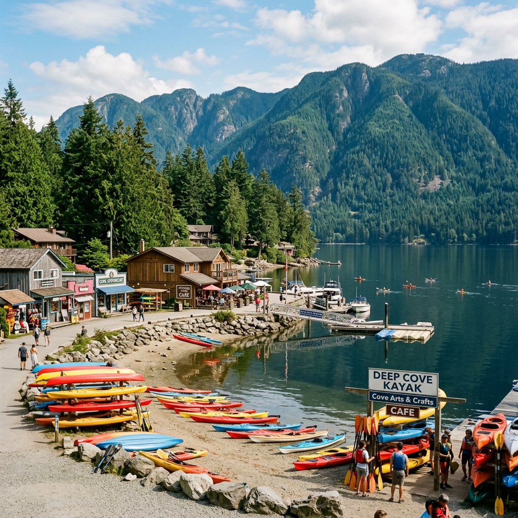 Deep Cove waterfront with kayaks and Indian Arm