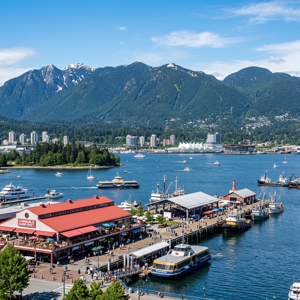 North Vancouver waterfront with Lonsdale Quay and North Shore Mountains