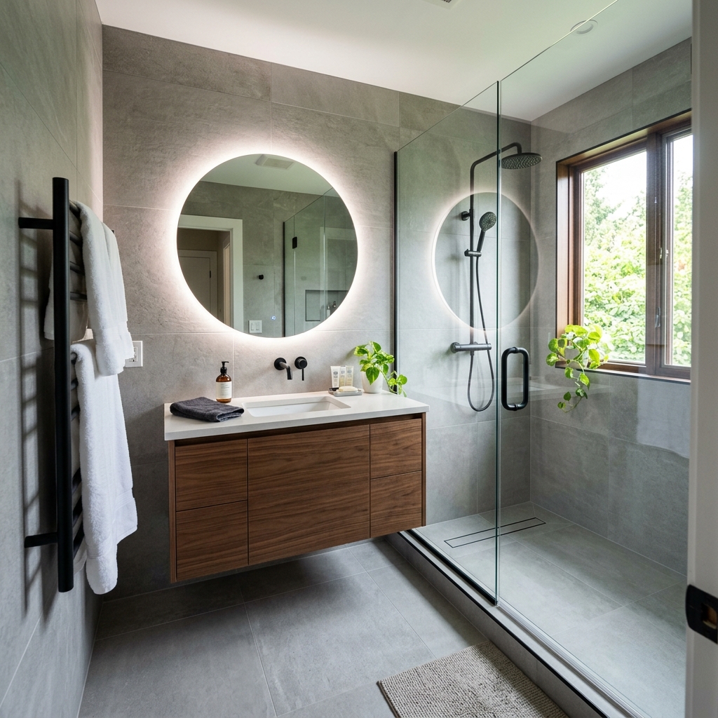 Luxury modern bathroom renovation with glass shower and matte black fixtures