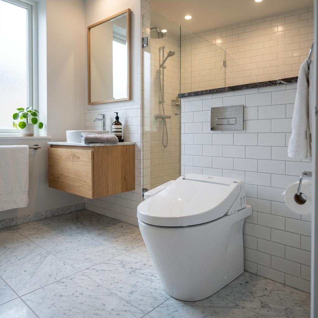 Modern electronic bidet seat in contemporary bathroom