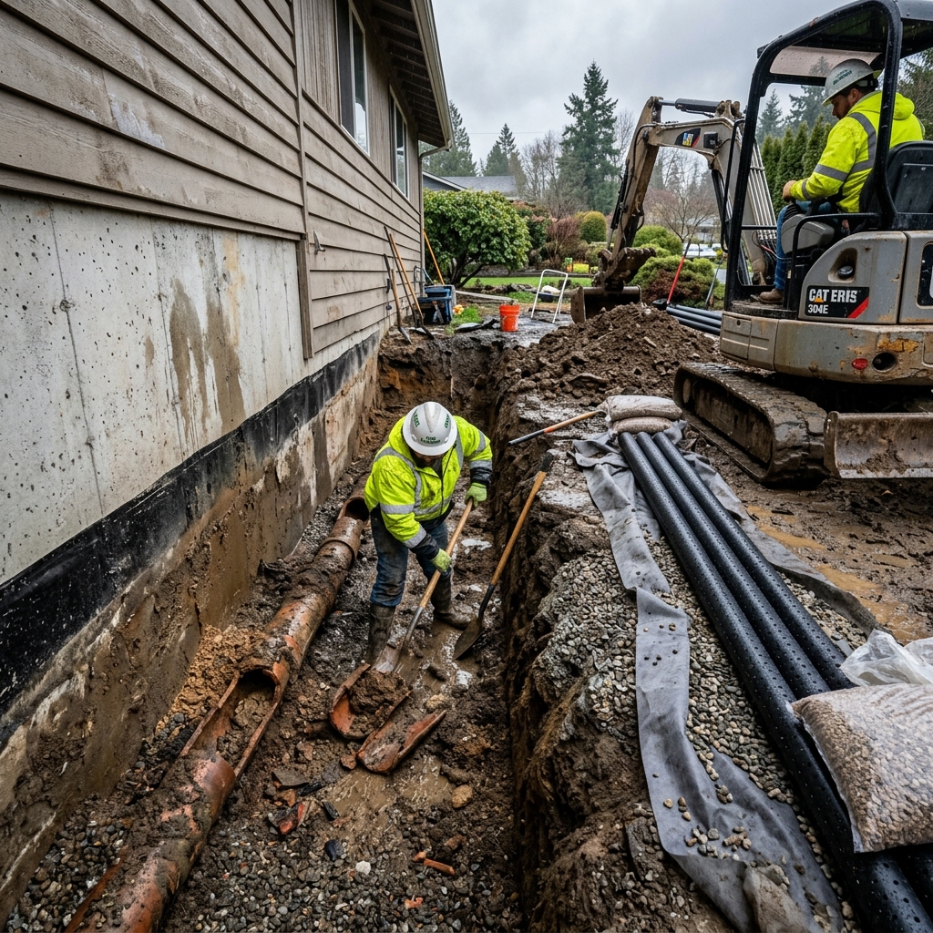 Drain tile excavation and replacement in progress