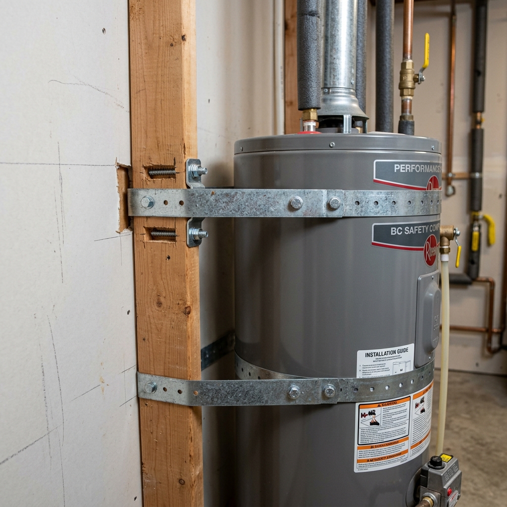 Seismic strapping securing water heater to wall studs