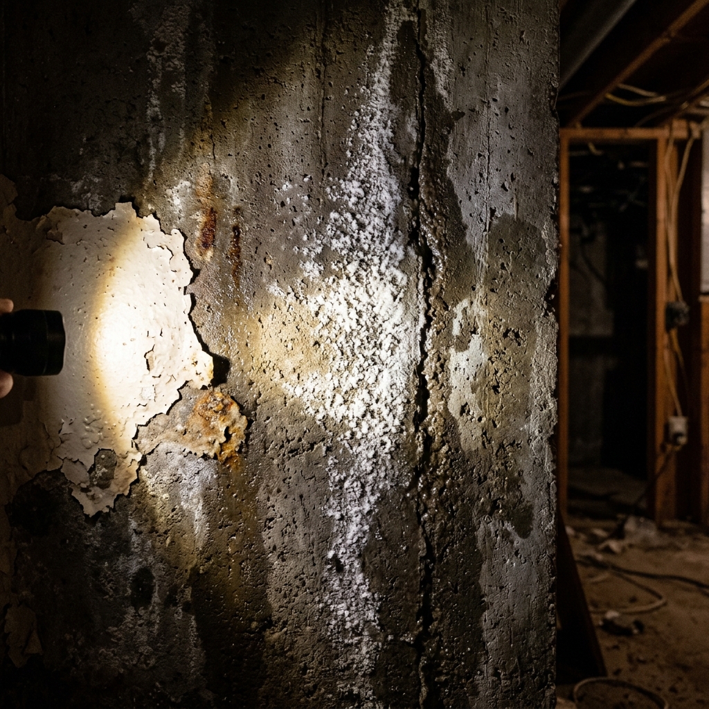 Water stains and efflorescence on foundation wall