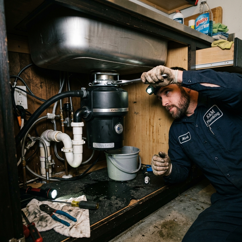 Plumber servicing garbage disposal under kitchen sink
