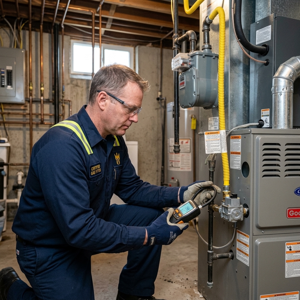 Gas fitter inspecting yellow gas line at furnace