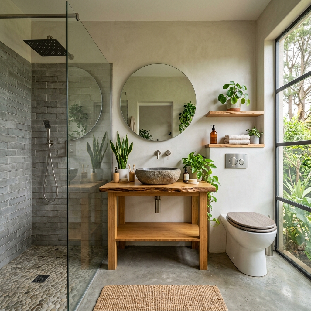 Eco-friendly bathroom with low-flow fixtures and natural materials