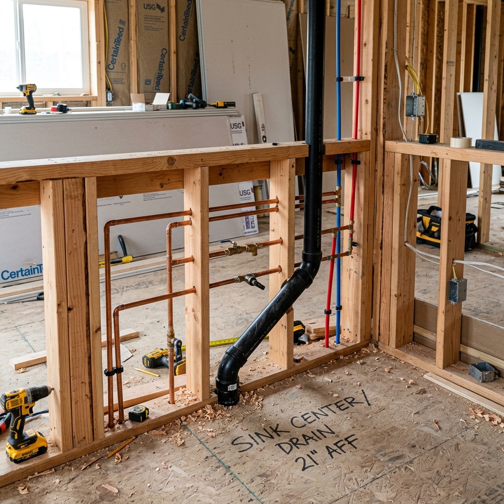 Kitchen renovation plumbing rough-in with exposed pipes