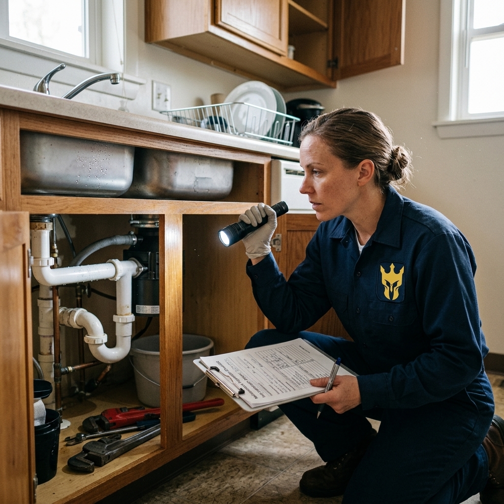 Professional plumber performing rental unit maintenance inspection