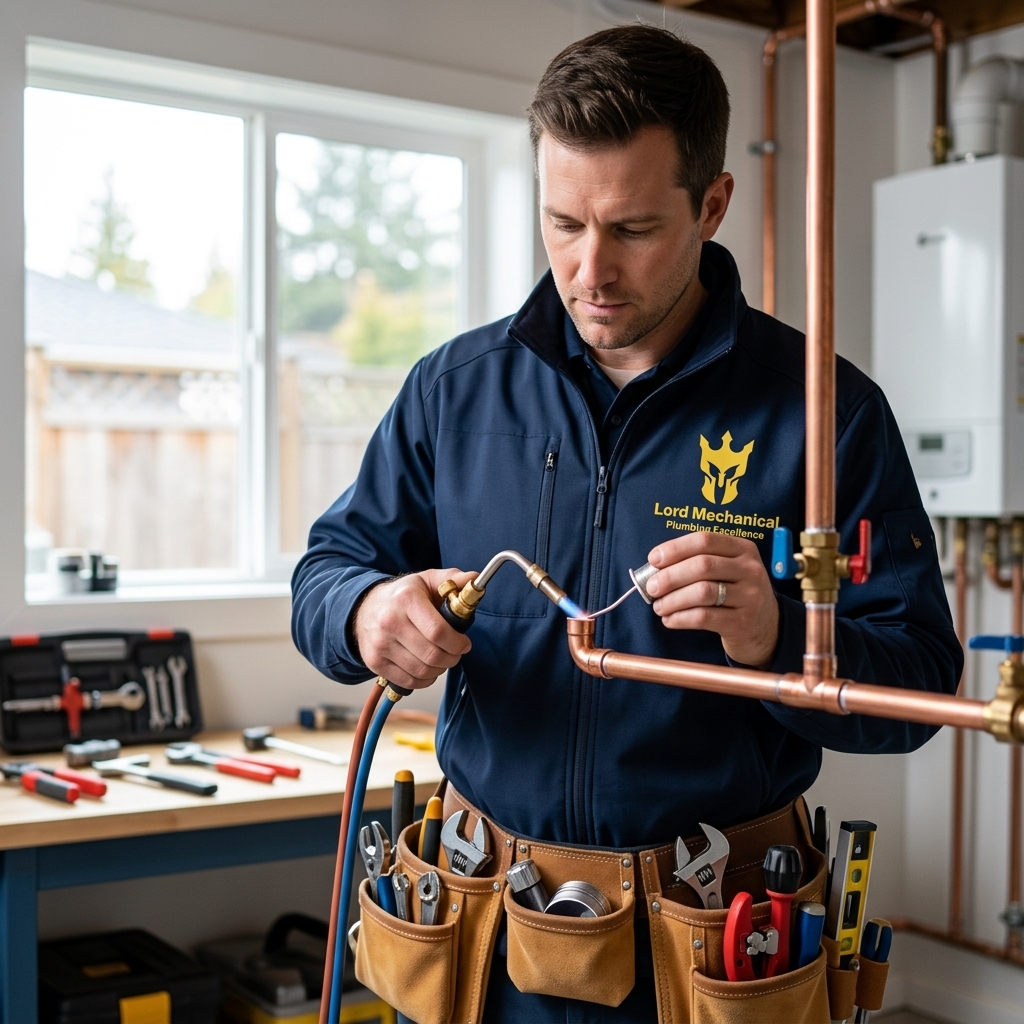Licensed plumber working on copper pipe installation