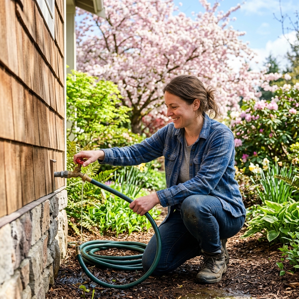 Homeowner checking outdoor hose bib in spring garden