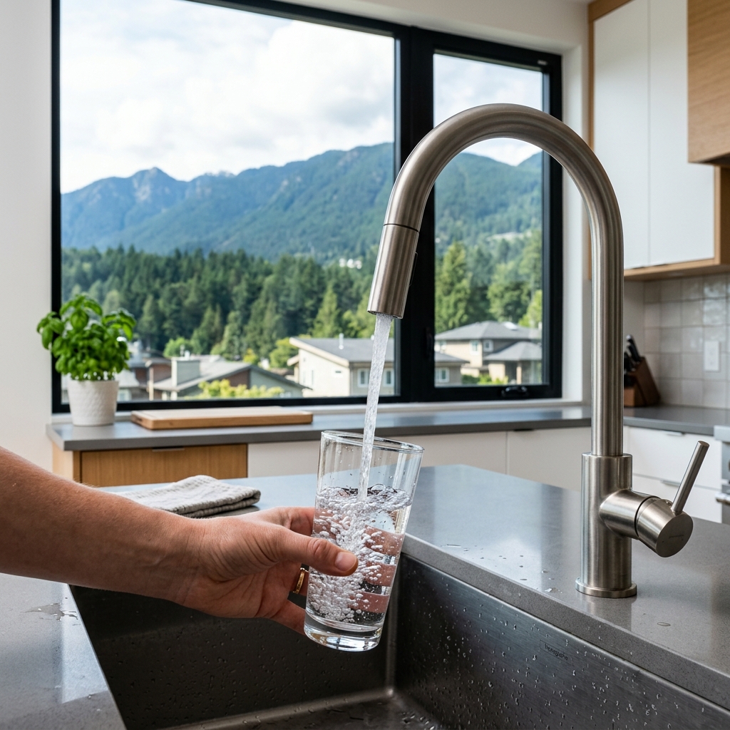 Clear glass of water from kitchen faucet with mountain views