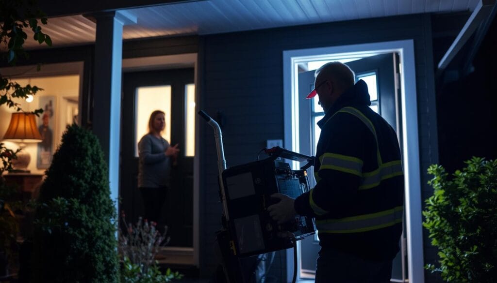 Lord Mechanical emergency technician responding to urgent furnace repair in North Vancouver at night