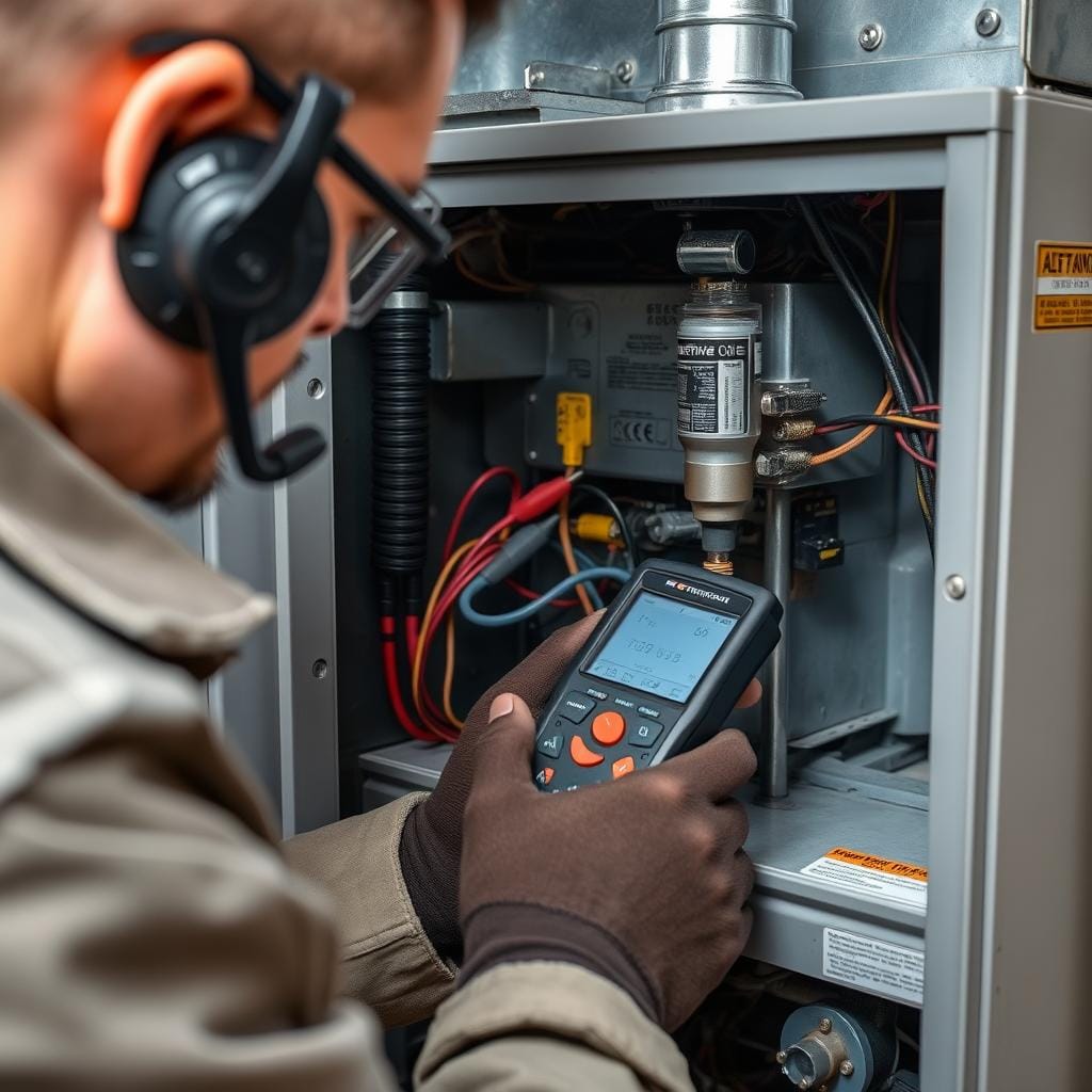 Lord Mechanical technician repairing a furnace in North Vancouver