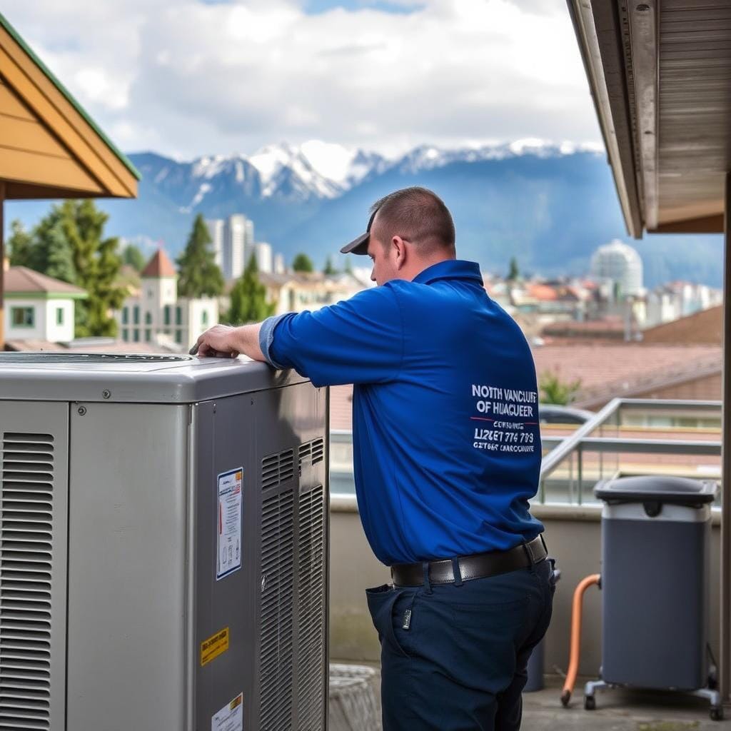 Lord Mechanical technician working in North Vancouver neighborhood with local landmarks visible