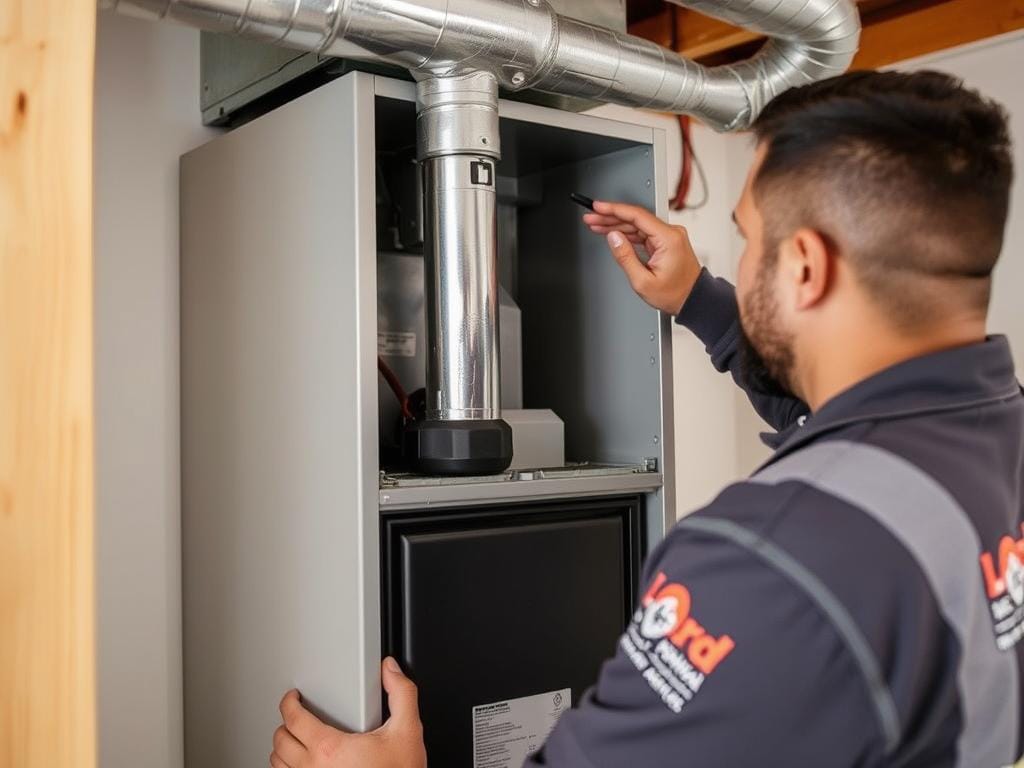 Modern heating furnace installation in North Vancouver home with Lord Mechanical technician making adjustments