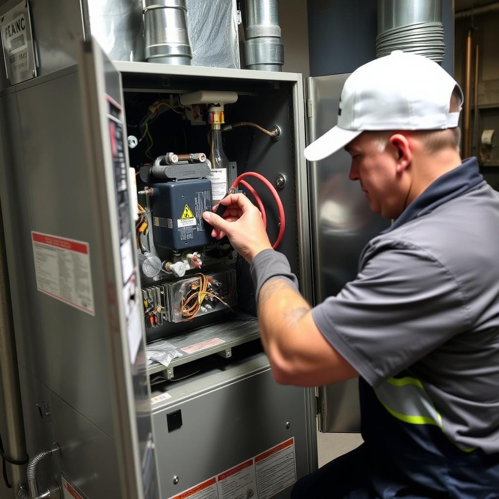 Preventative maintenance being performed on a heating furnace in North Vancouver