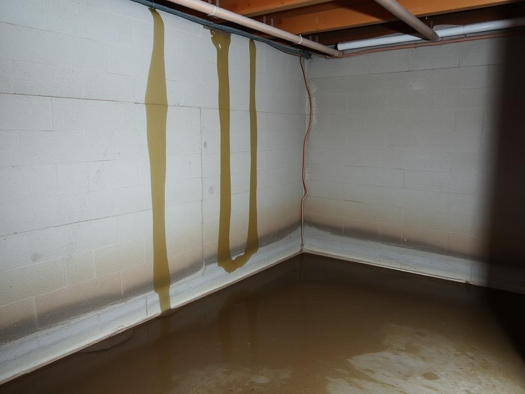 Basement with visible water seepage through foundation walls Basement with visible water seepage through foundation walls