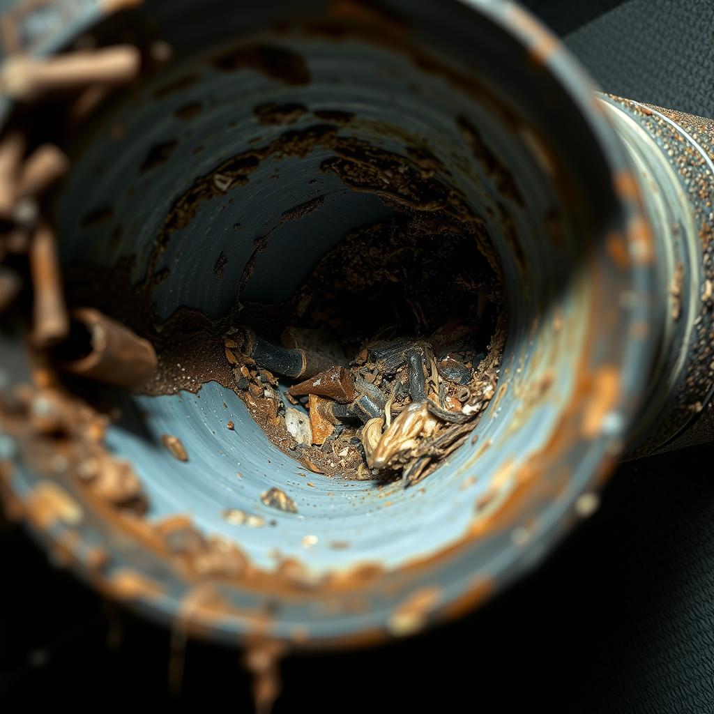 Clogged drainage line with debris and buildup requiring professional drainage lines repair & service Clogged drainage line with debris and buildup requiring professional drainage lines repair & service