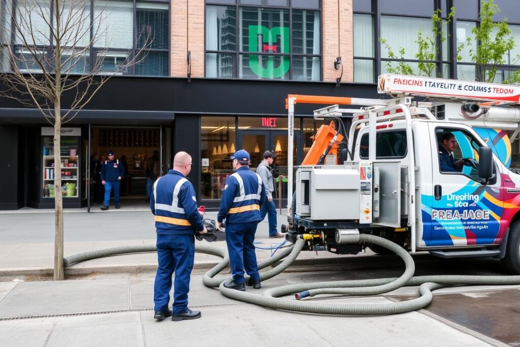 Commercial drainage line repair being performed at a Vancouver business property Commercial drainage line repair being performed at a Vancouver business property
