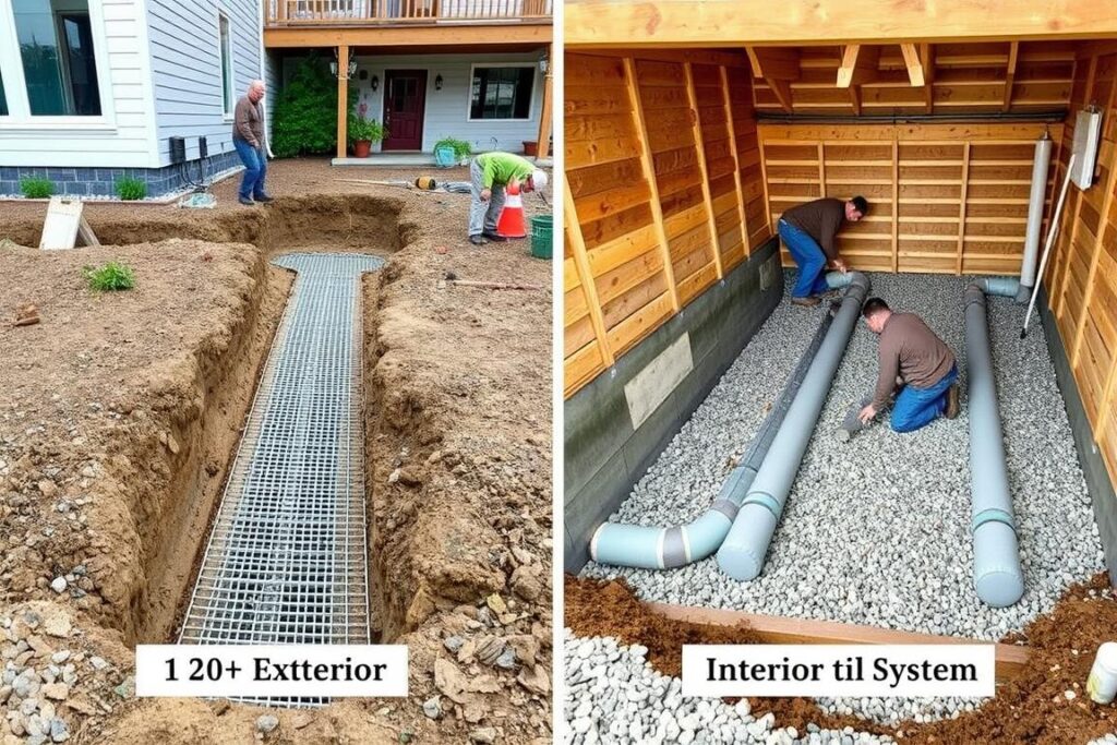 Comparison of exterior and interior drain tile systems installation Comparison of exterior and interior drain tile systems installation