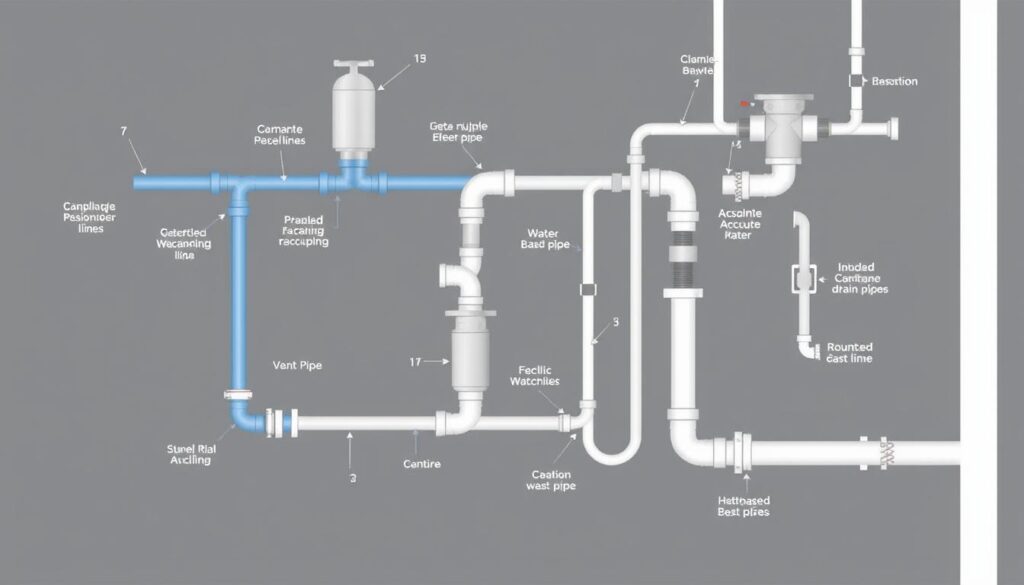 Diagram of a complete home plumbing system showing supply lines, drain pipes and venting Diagram of a complete home plumbing system showing supply lines, drain pipes and venting