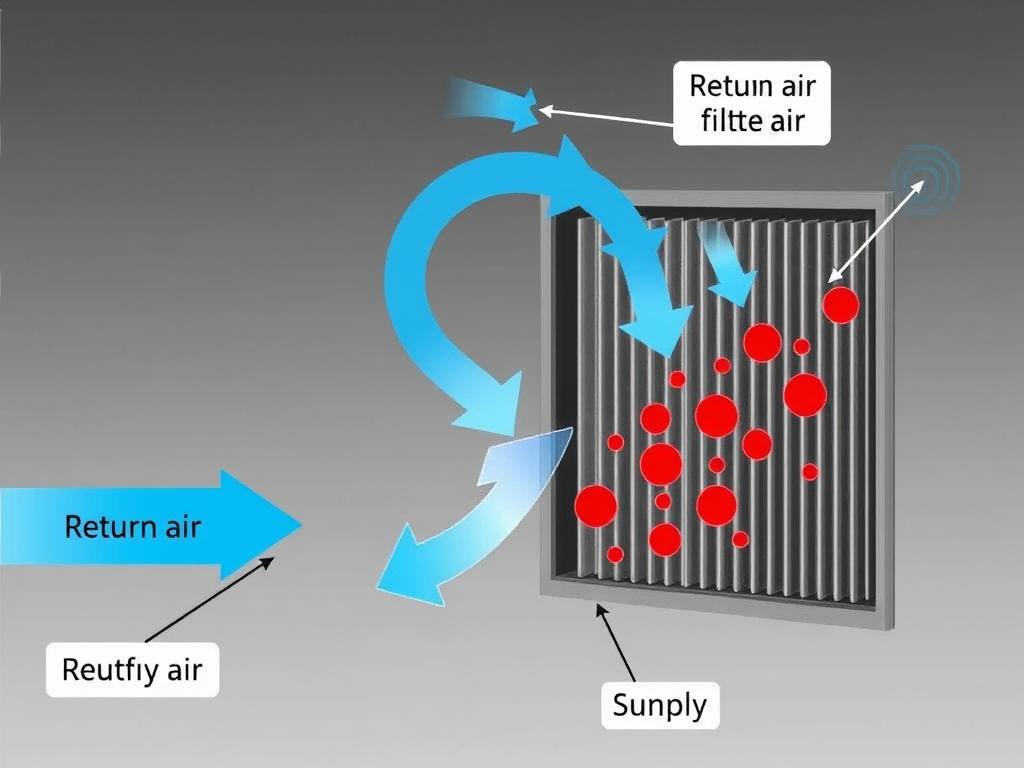 Diagram showing how air filtration works within an HVAC system Diagram showing how air filtration works within an HVAC system