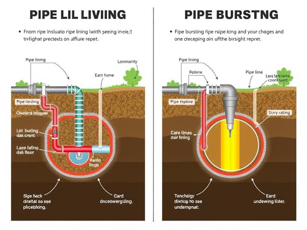 Diagram showing trenchless pipe repair methods including pipe lining and pipe bursting