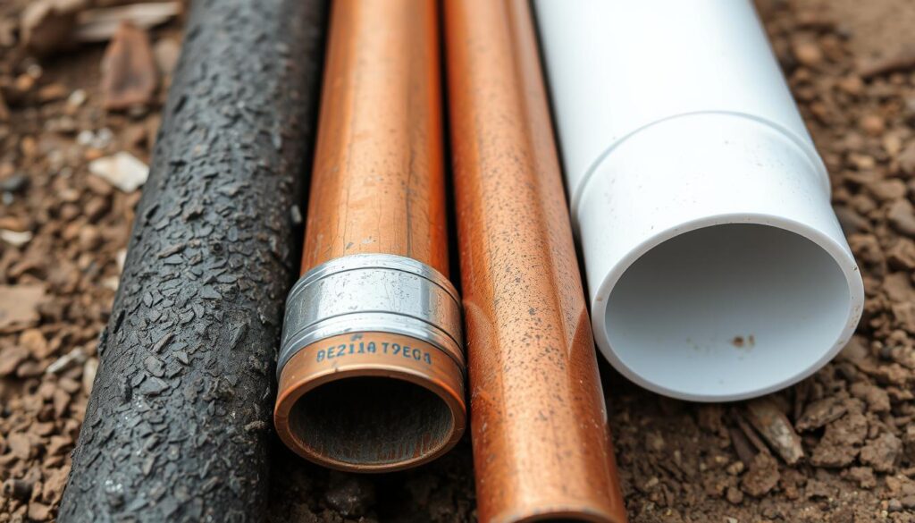 Different types of water main pipes showing lead, copper, and PVC materials Different types of water main pipes showing lead, copper, and PVC materials