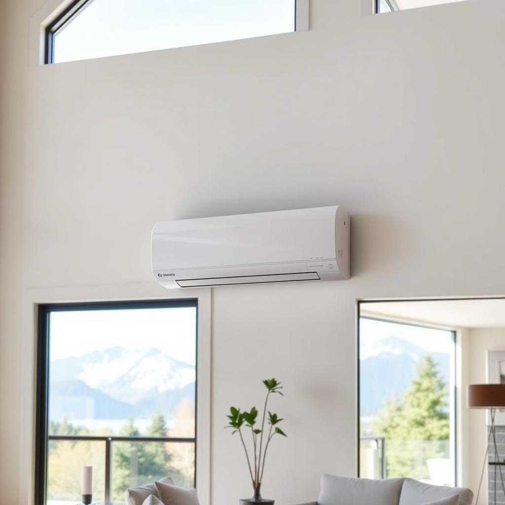 Ductless mini-split heat pump indoor unit mounted on a living room wall
