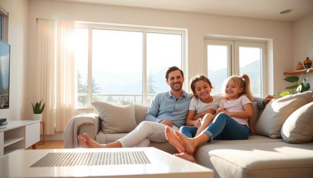 Family enjoying clean air in their North Vancouver home with an air filtration system Family enjoying clean air in their North Vancouver home with an air filtration system