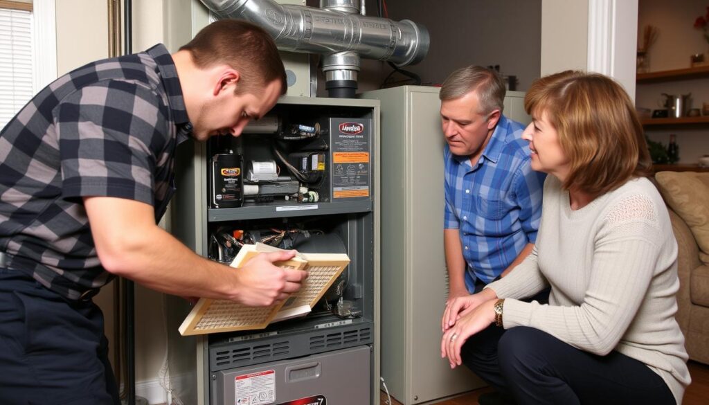 Furnace maintenance being performed in North Vancouver home Furnace maintenance being performed in North Vancouver home