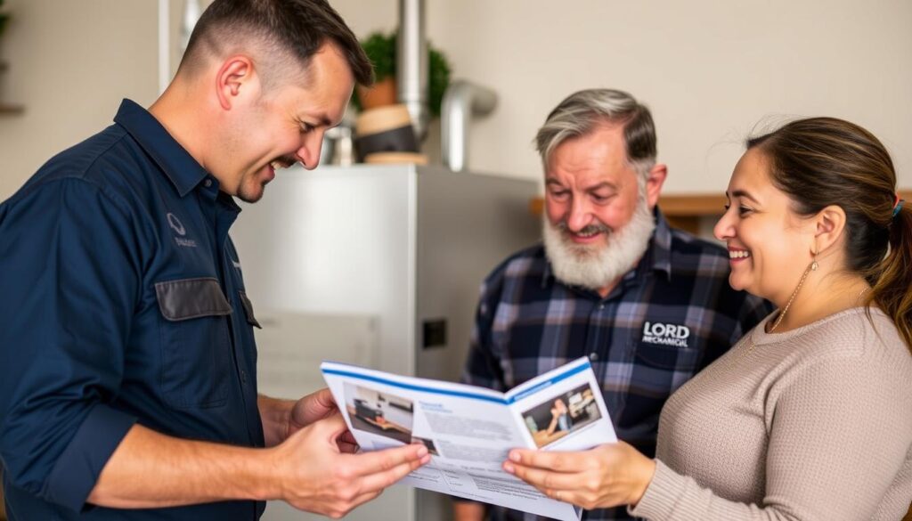 Homeowner discussing furnace options with technician in North Vancouver Homeowner discussing furnace options with technician in North Vancouver