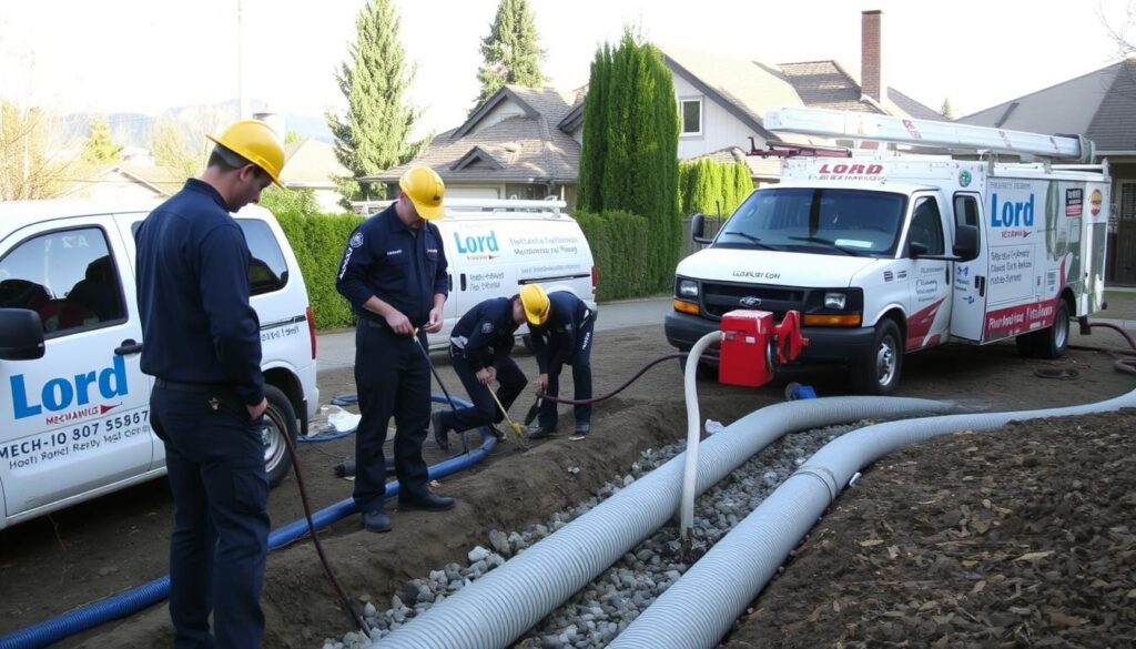 Lord Mechanical team installing a drain tile system at a North Vancouver property Lord Mechanical team installing a drain tile system at a North Vancouver property