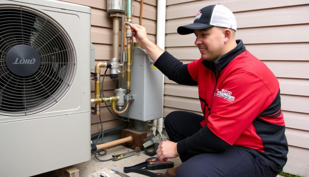 Lord Mechanical technician installing a heat pump at a North Vancouver home