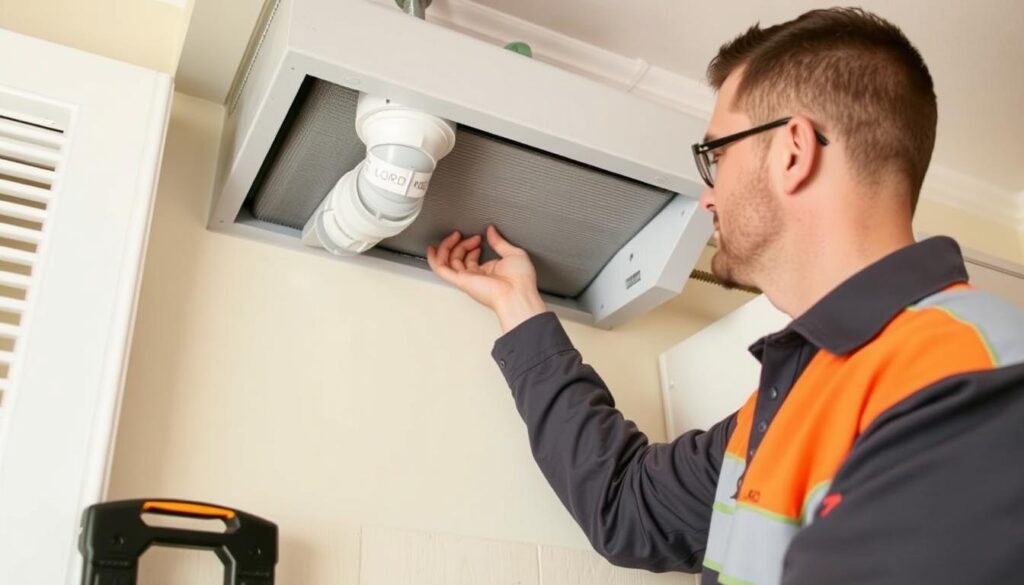 Lord Mechanical technician installing an air filtration system in North Vancouver Lord Mechanical technician installing an air filtration system in North Vancouver
