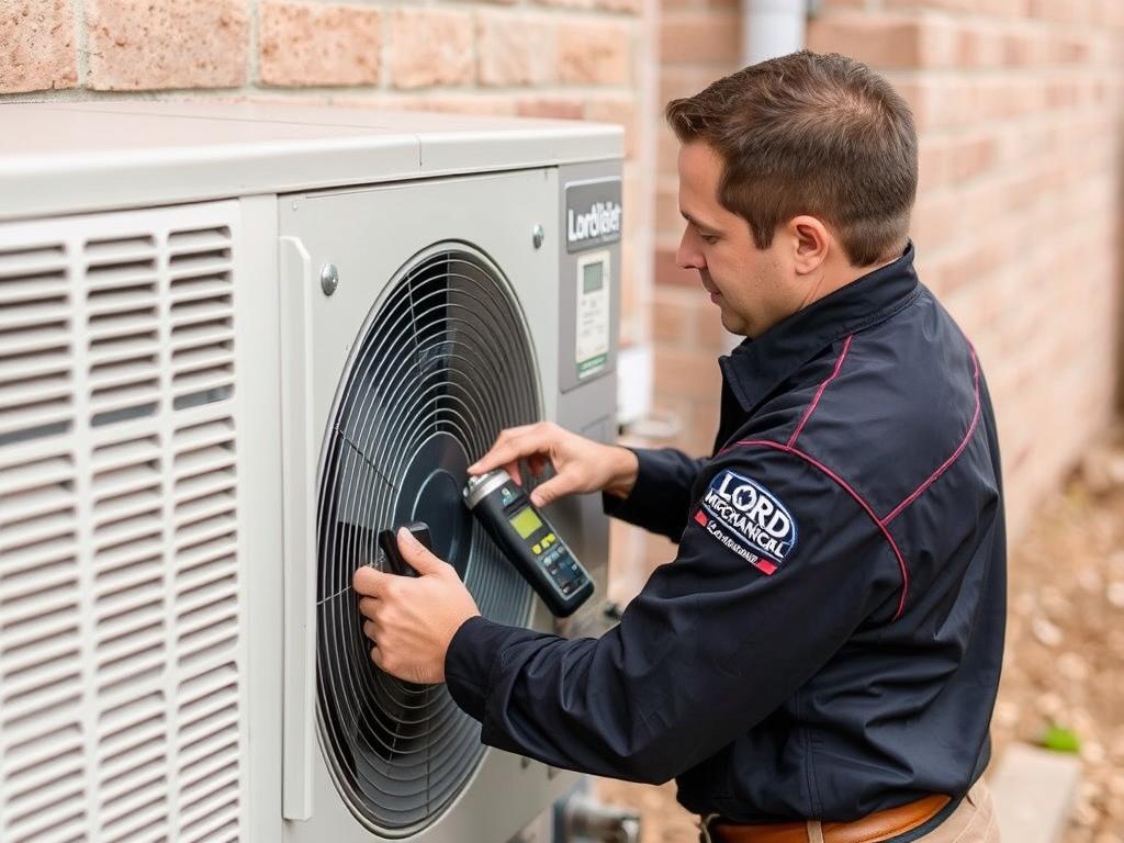 Lord Mechanical technician performing maintenance on a heat pump system