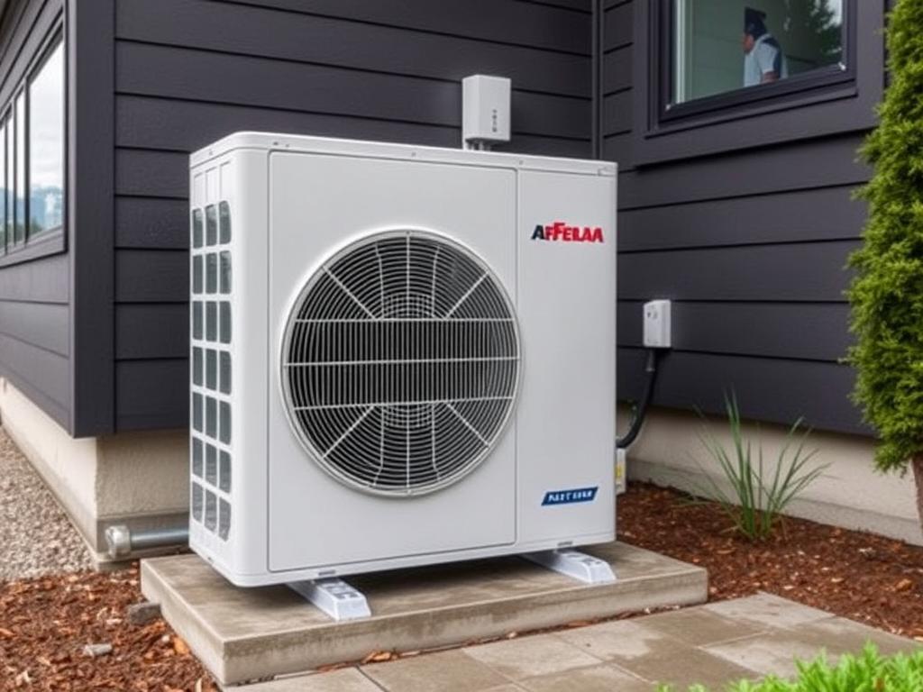 Modern heat pump installation outside a North Vancouver home with mountains in the background