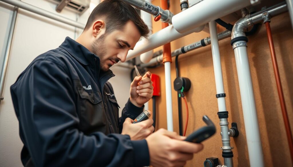 Plumber performing preventive plumbing maintenance inspection in North Vancouver Plumber performing preventive plumbing maintenance inspection in North Vancouver