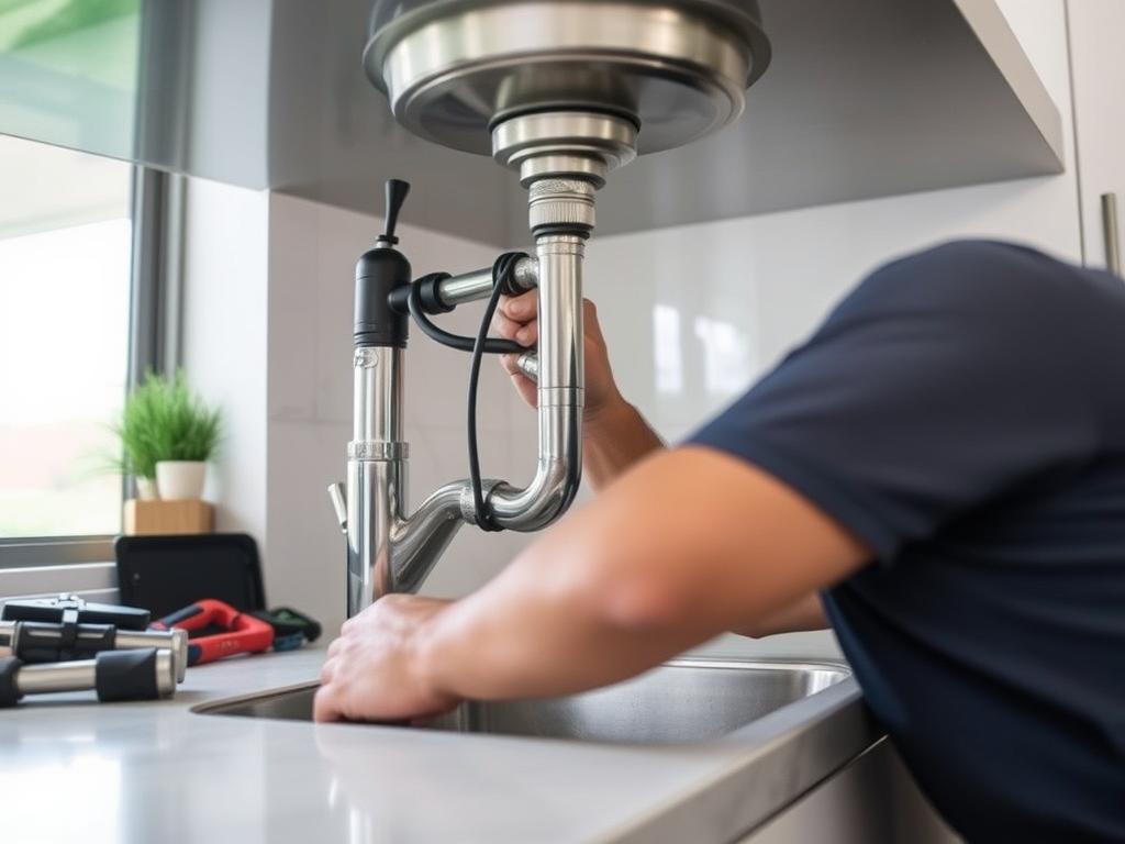 Plumber repairing kitchen sink plumbing in North Vancouver home Plumber repairing kitchen sink plumbing in North Vancouver home