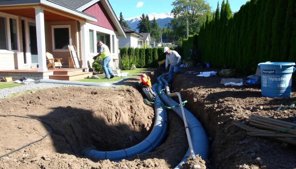 Professional drain tile system installation in progress at a Vancouver property Professional drain tile system installation in progress at a Vancouver property
