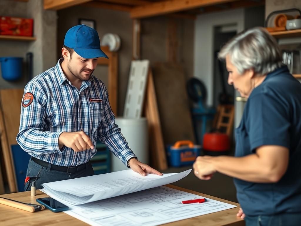 Professional plumber answering customer questions about plumbing installation Professional plumber answering customer questions about plumbing installation