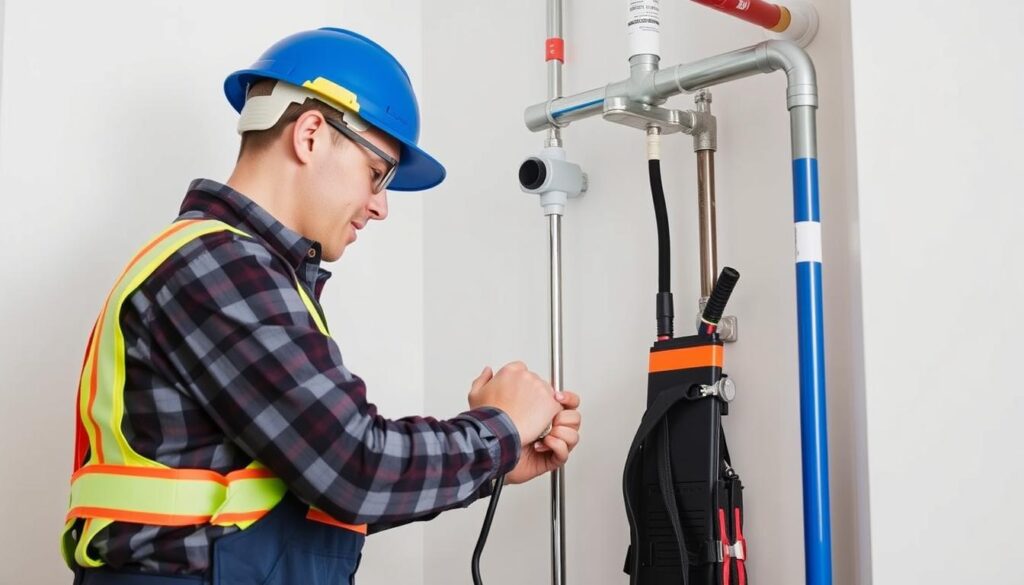 Professional plumber installing pipes with proper tools in North Vancouver Professional plumber installing pipes with proper tools in North Vancouver