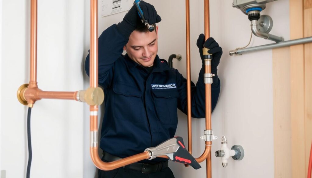 Professional plumber installing water supply lines in North Vancouver home Professional plumber installing water supply lines in North Vancouver home
