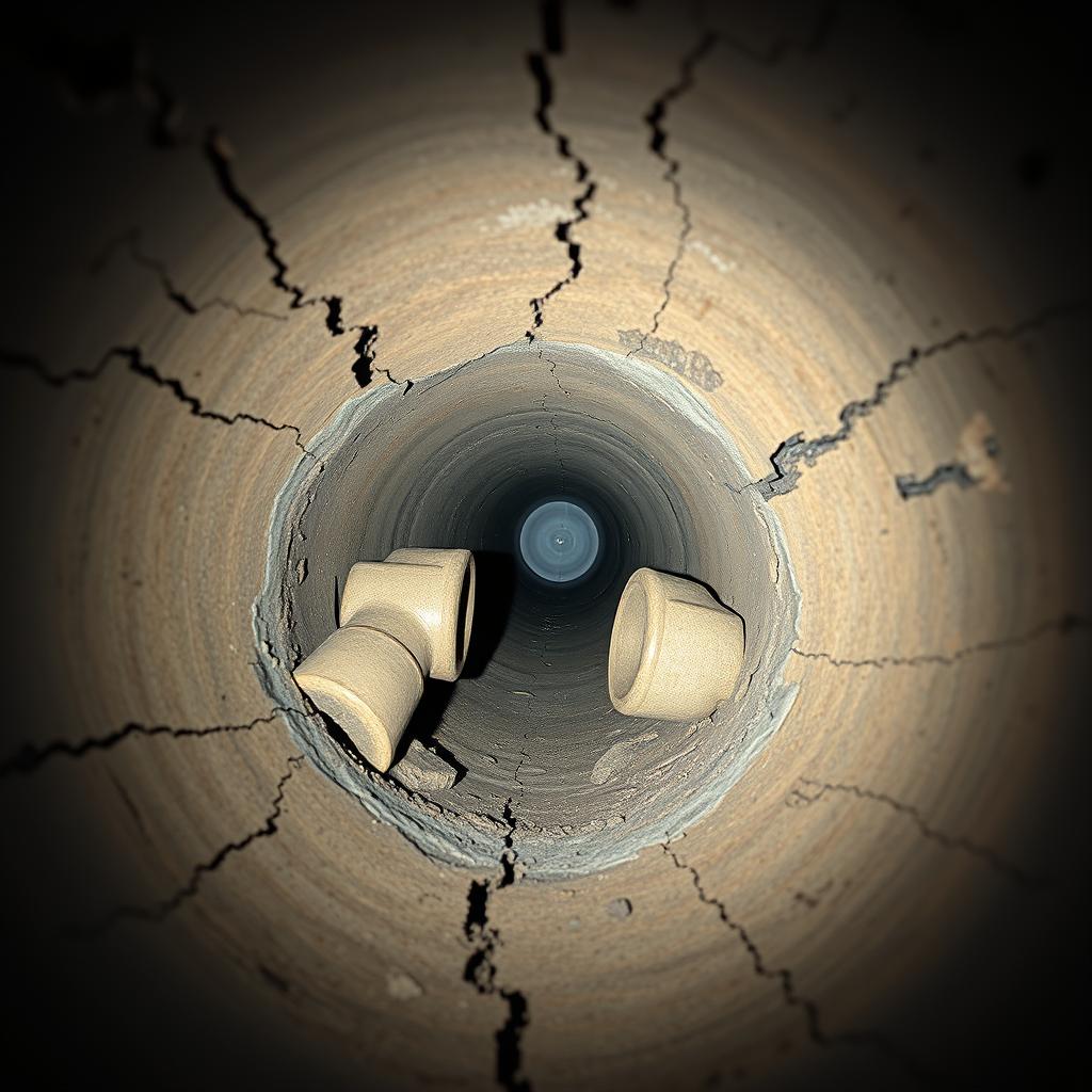 Severely damaged drainage line with cracks and collapse requiring professional drainage repair service Severely damaged drainage line with cracks and collapse requiring professional drainage repair service