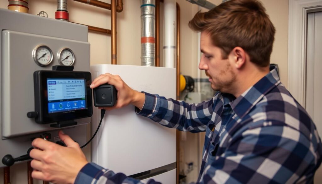 Technician diagnosing common boiler problems in North Vancouver home Technician diagnosing common boiler problems in North Vancouver home