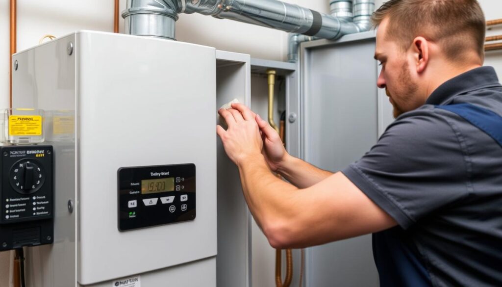 Technician performing regular boiler maintenance in North Vancouver Technician performing regular boiler maintenance in North Vancouver