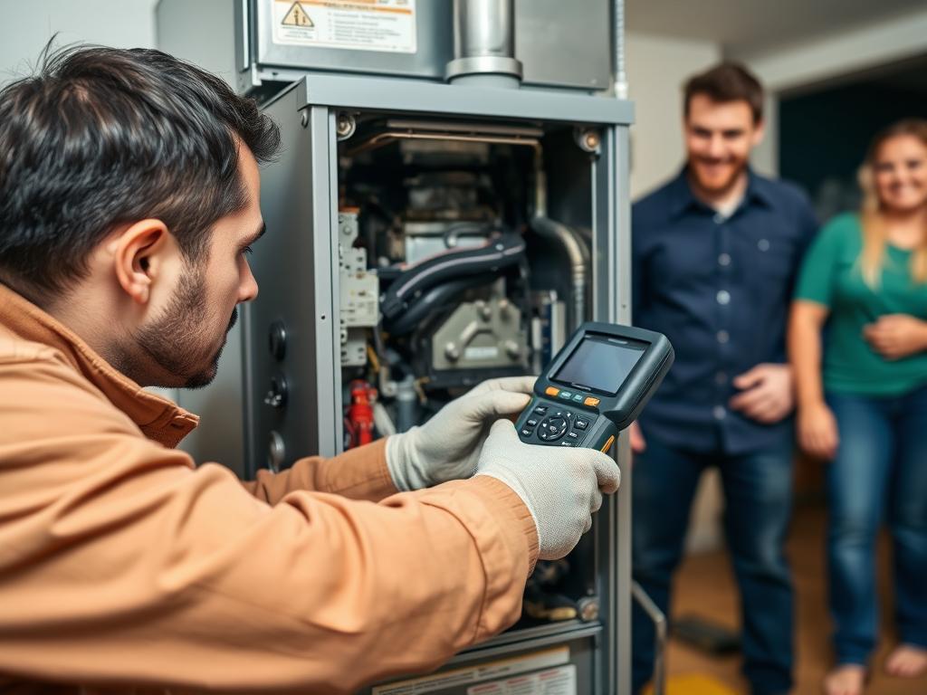 Technician repairing residential furnace in North Vancouver Technician repairing residential furnace in North Vancouver
